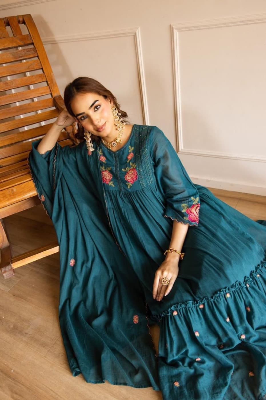 Deep teal rose-embroidered Elora Anarkali