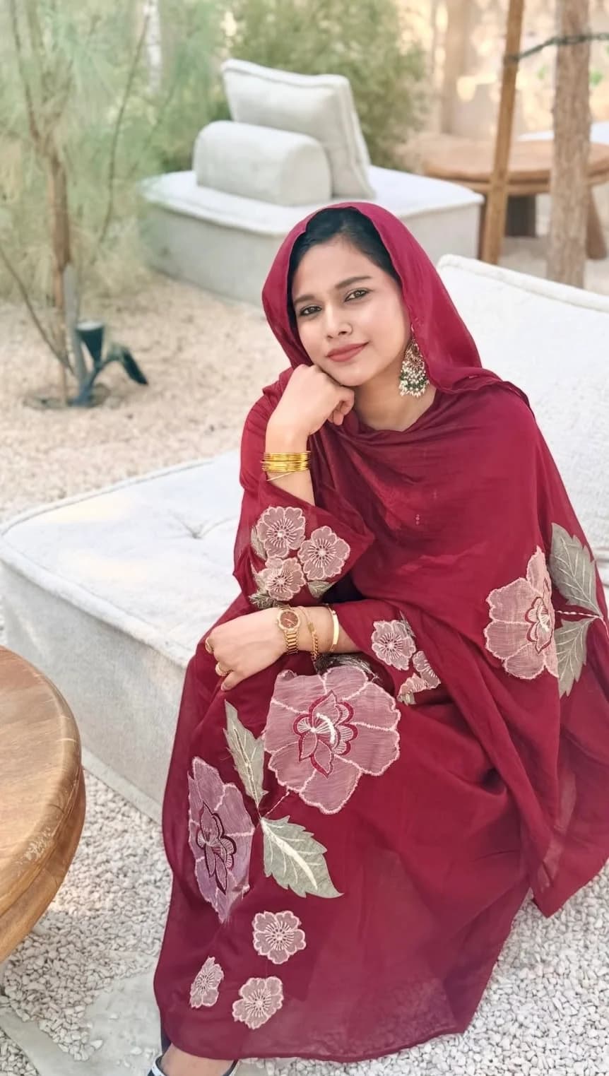 Wine Floral Applique Mul Chanderi Anarkali