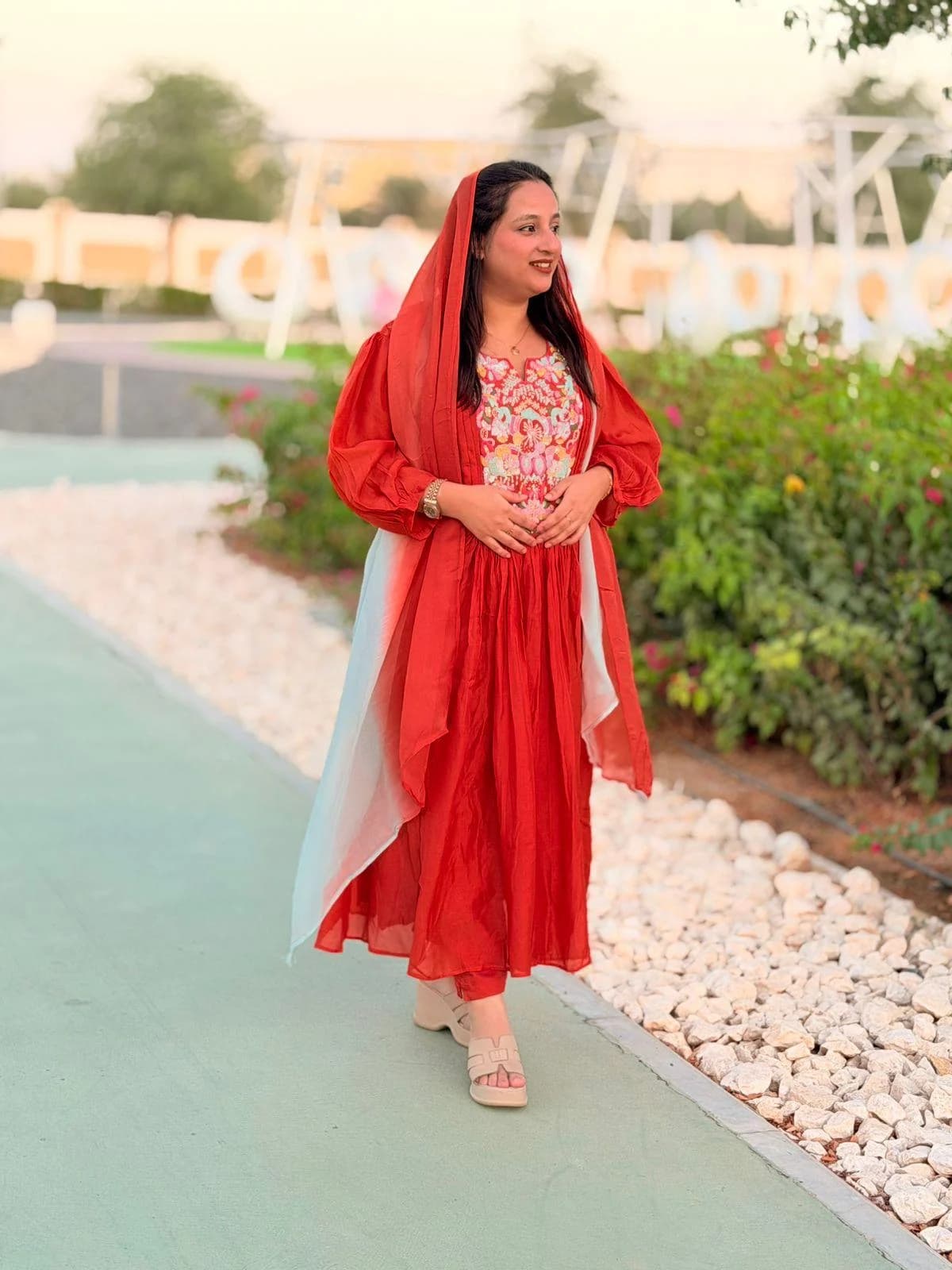 Red Gathered Anarkali with Contrast Dupatta from the Elora sale